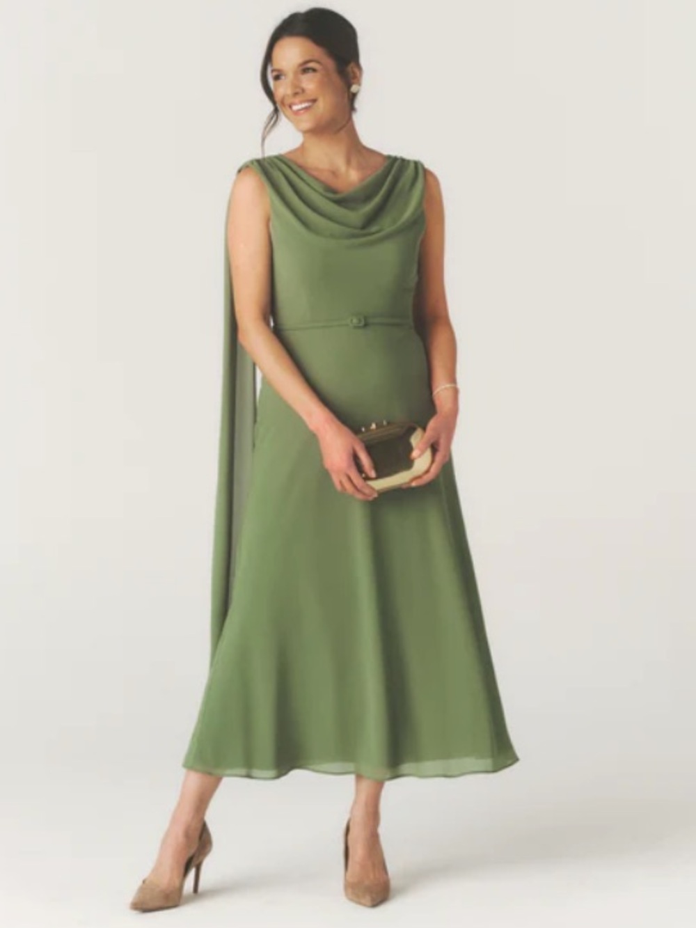 Six Stories Cowl Front Drape Detail Belted Midi Dress